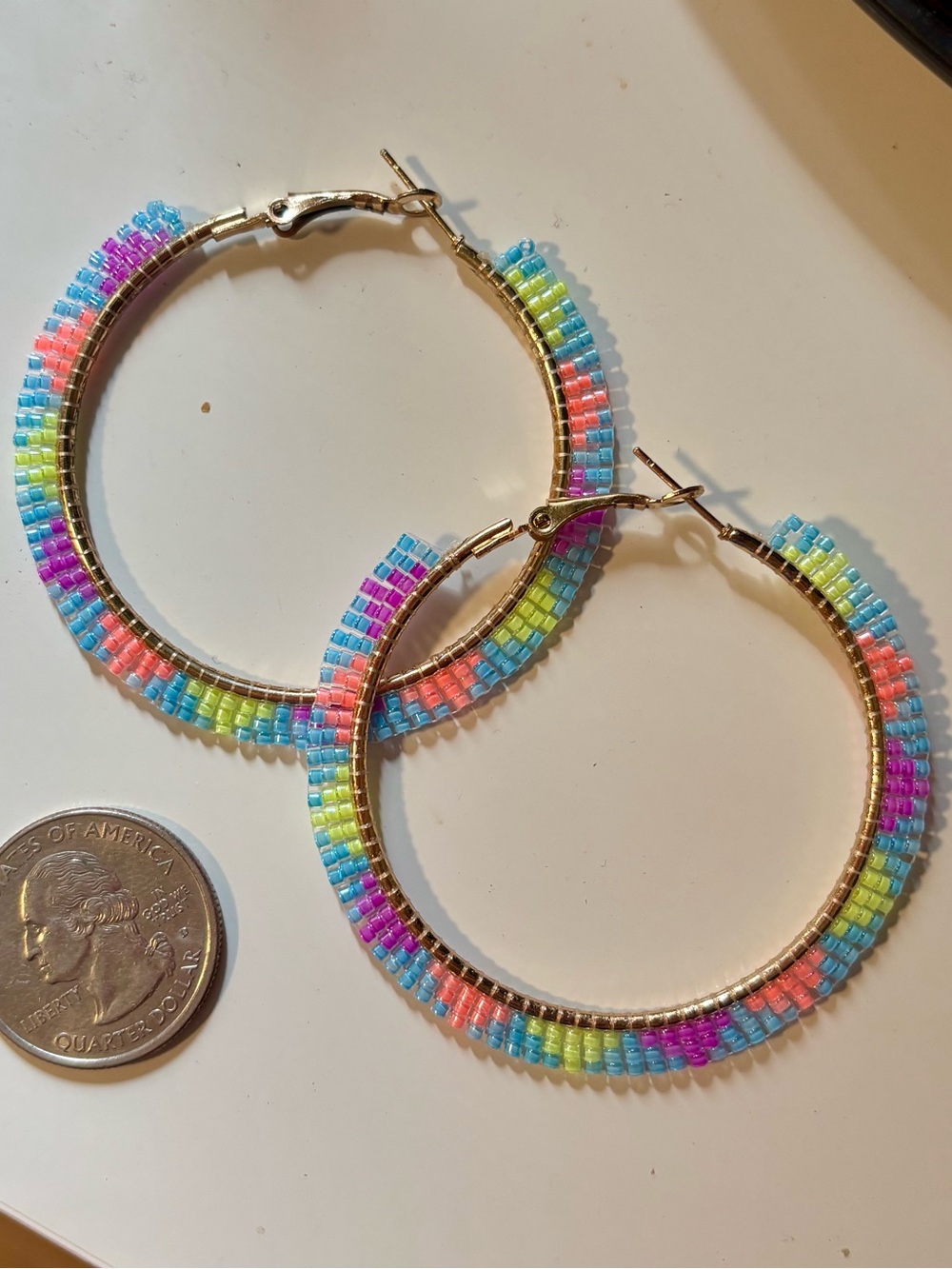 Gold Hoop Earrings with Multicolor Seed Beads